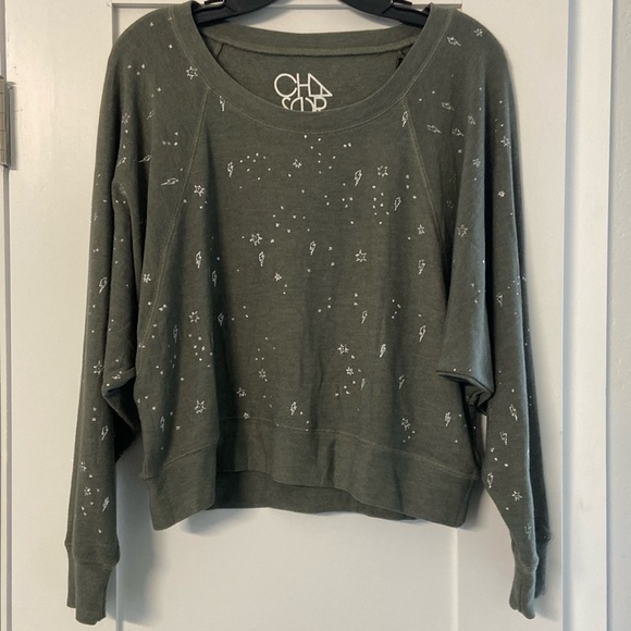 Chaser Tops - Women's Green Chaser top embellished w/ silver lightning bolts & stars. Size S